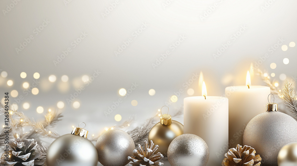 Elegant Christmas candles and ornaments in silver and gold tones Elegant Christmas candles and ornaments in silver and gold tones