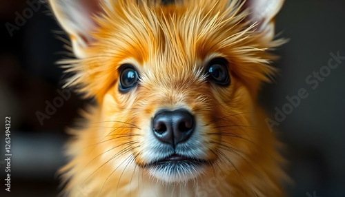 Close up of a Dutch Smoushond with expressive eyes, wiry yellow coat, focused gaze