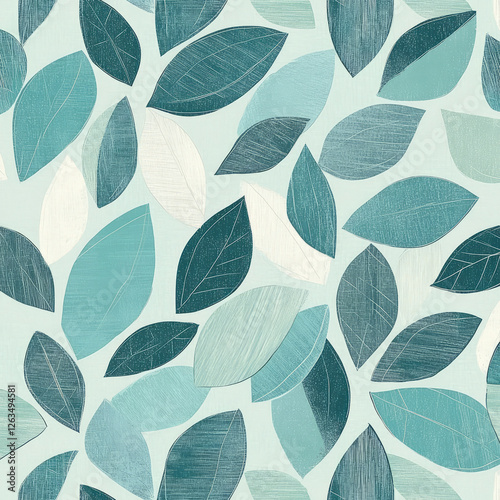 Wallpaper Mural A subtle, abstract leaf illustration featuring overlapping, geometric shapes in shades of teal and pale green. The soft design brings a modern touch to botanical-themed projects. Torontodigital.ca