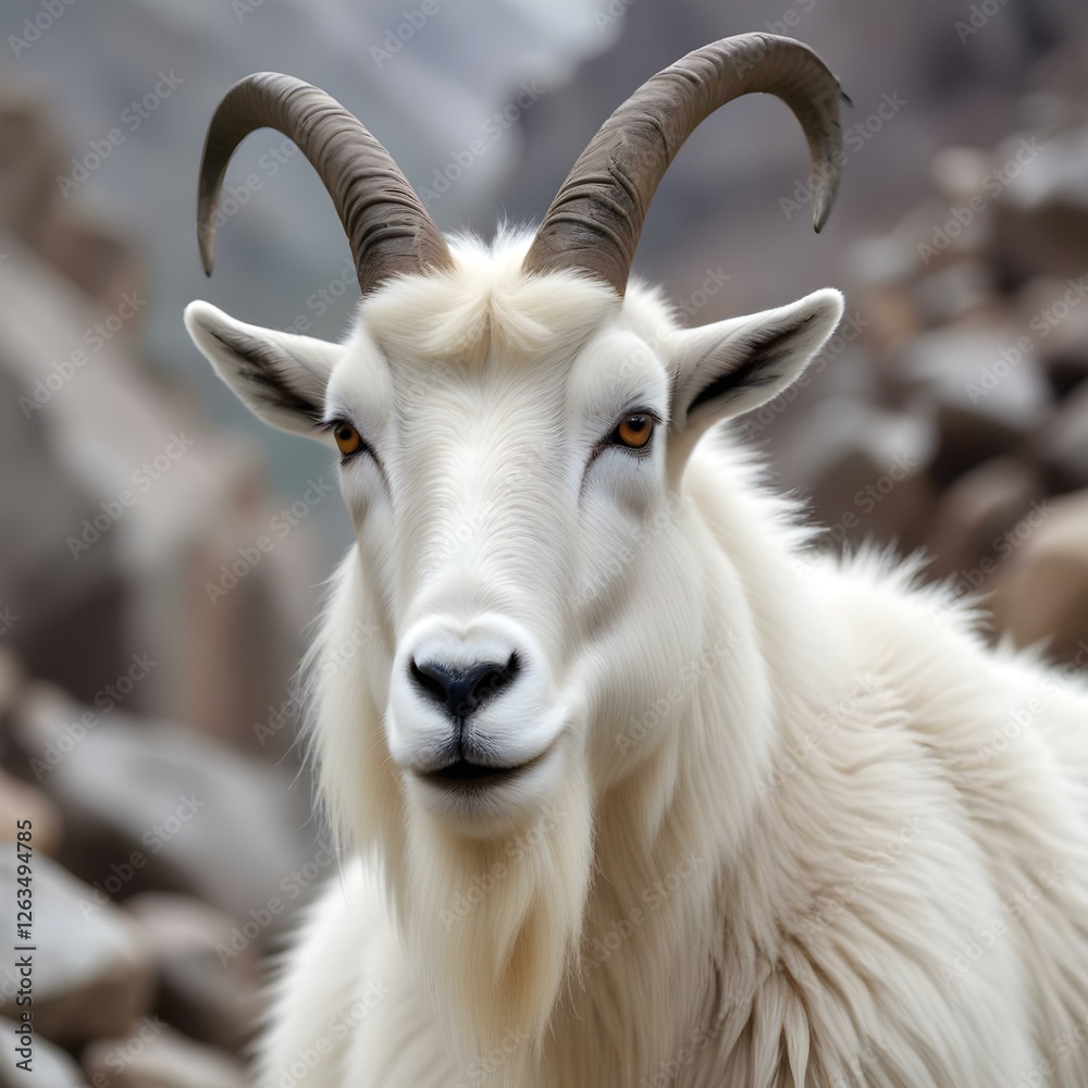 Female mountain goat with striking eyes and textured fur, slightly blurred rocky background Female mountain goat with striking eyes and textured fur, slightly blurred rocky background