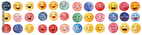 Happy emoji collage watercolor style, perfect for designs , isolated on transparent background