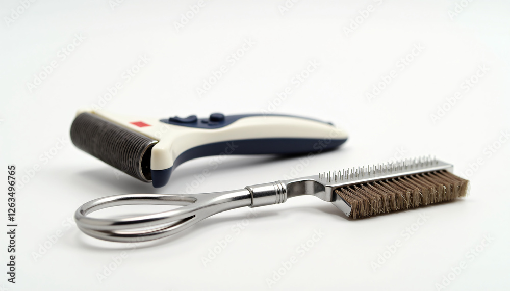 Obraz premium Pet grooming tools on a table, suitable for pet grooming services, blogs, and advertisements