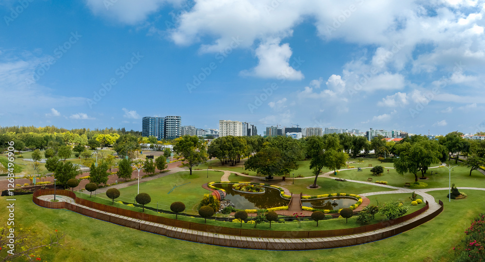 Aerial photos about the central park of Hulhumale. Capital of Maldives