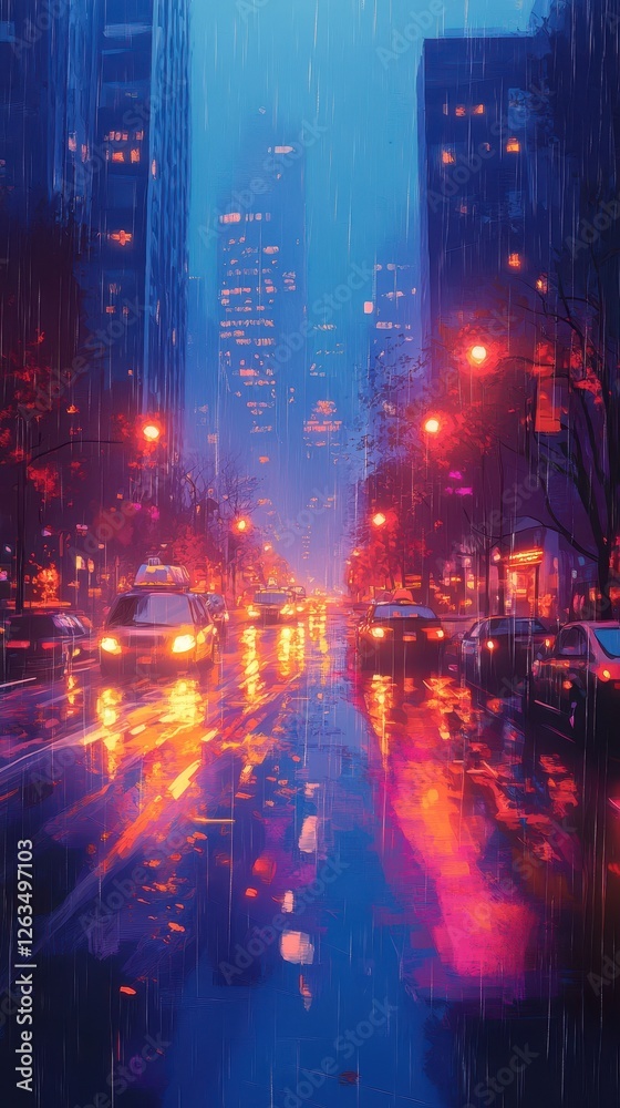 Naklejka premium A rainy city street at night with car lights