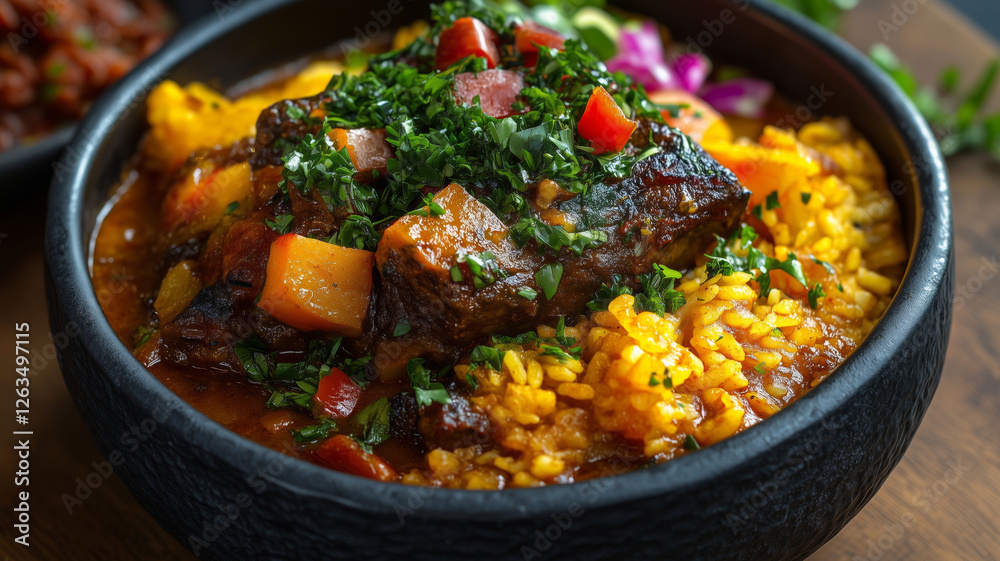 A dish with rice, meat and vegetables in a bowl A dish with rice, meat and vegetables in a bowl