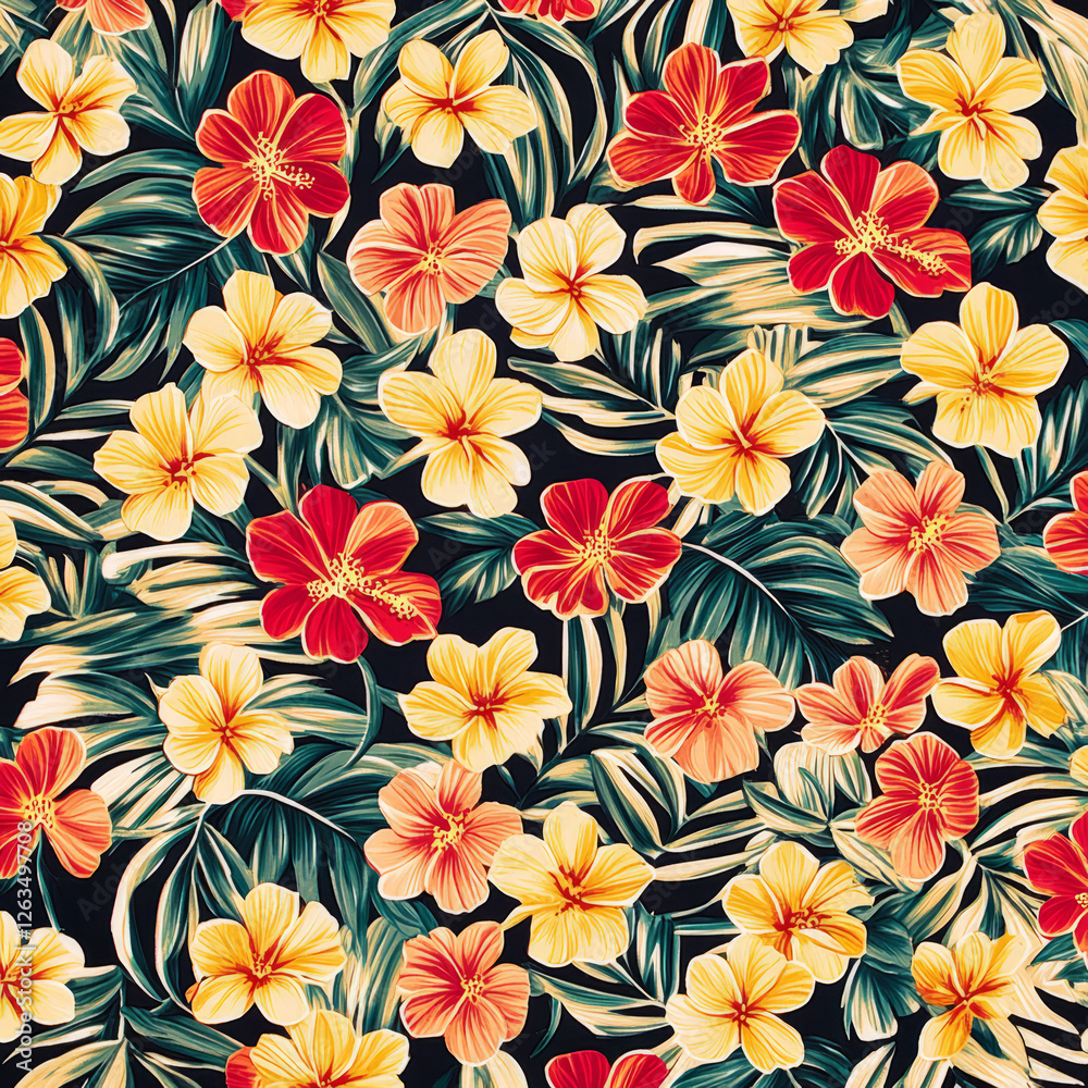 A tropical floral illustration with palm leaves, frangipani, and vibrant red and yellow hibiscus flowers. The design is bright, bold, and full of life, capturing the essence of a tropical beach