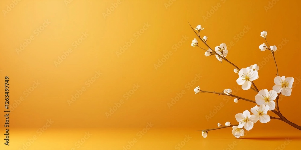 Fototapeta premium Chinese New Year banner features delicate cherry blossoms on a warm yellow background for festive celebrations
