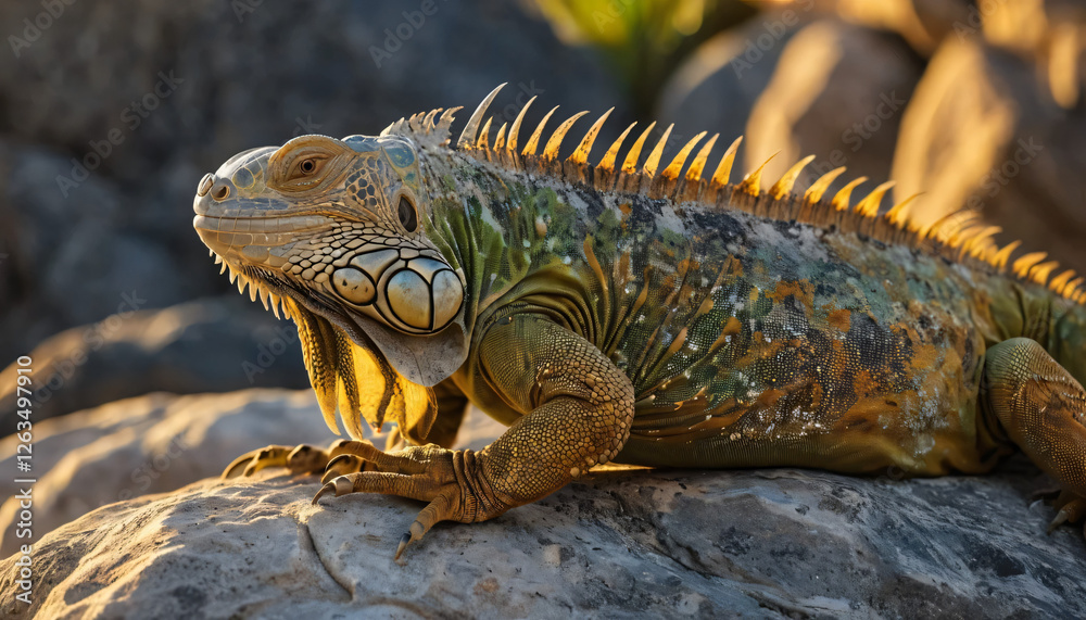 Iguana basking on a rock, great for wildlife blogs, exotic pet care, and nature photography Iguana basking on a rock, great for wildlife blogs, exotic pet care, and nature photography