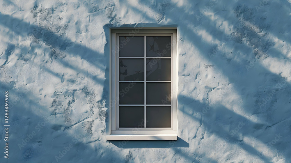 Obraz premium A serene blue wall with a white-framed window casting soft shadows in daylight
