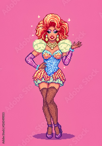 drag queen against plain background ideal to use as negative space to add text illustration in pixel art style