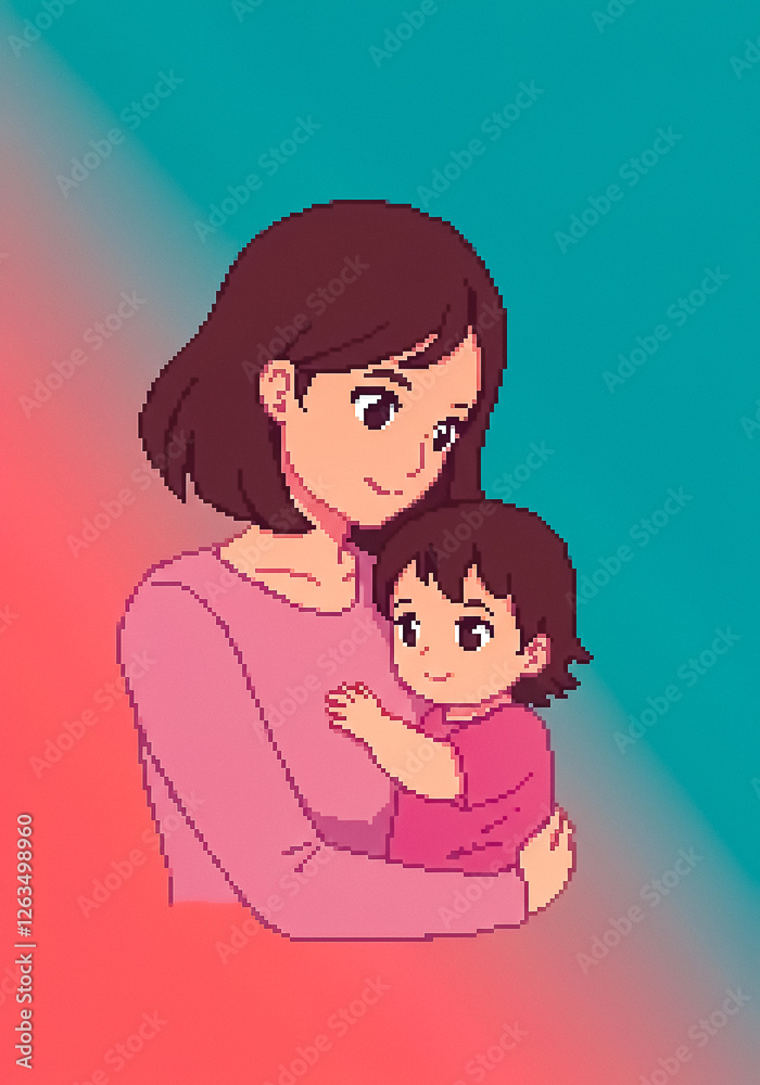 mother and child against plain background ideal to use as negative space to add text illustration in pixel art style mother and child against plain background ideal to use as negative space to add text illustration in pixel art style