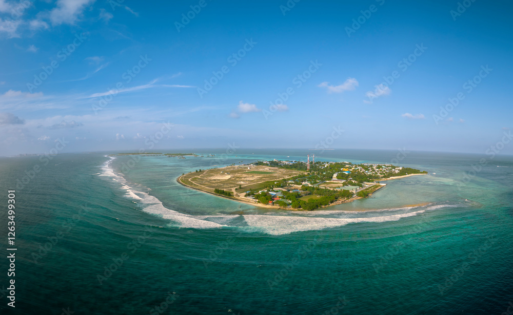 Aerial view about Himmafushi island at Maldives.