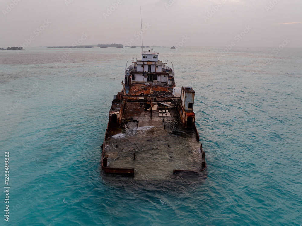 Aerial view of a half sunken ship at Maldives, Indian ocean. Big rusty ship is on this photo in a lagoon.