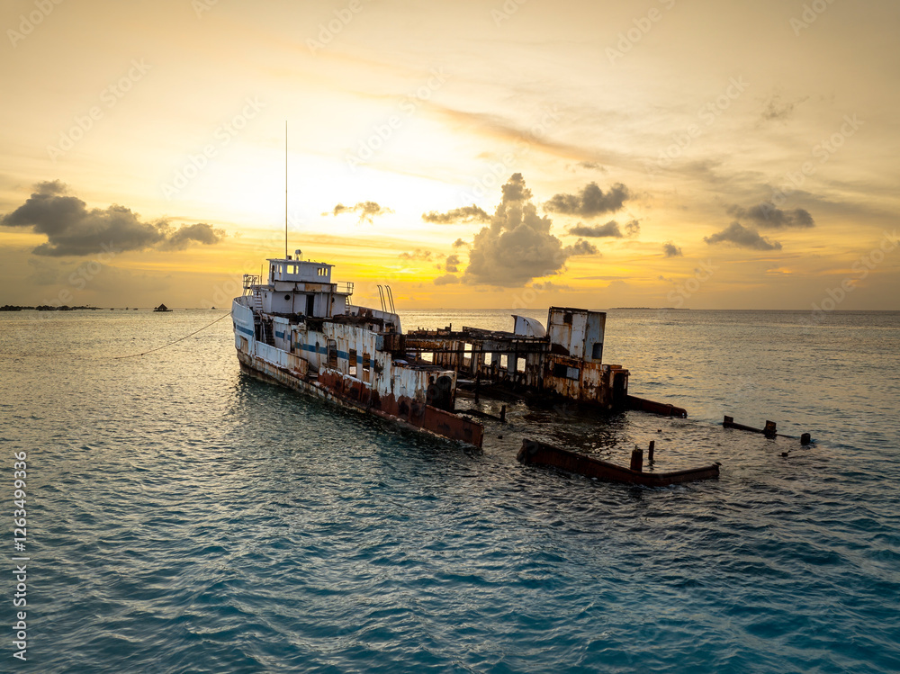 Sunset landscape with a half sunken ship at Maldives, Indian ocean. Big rusty ship is on this photo in a lagoon.