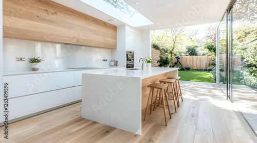 Modern kitchen extension, garden view, sunlight, oak floors