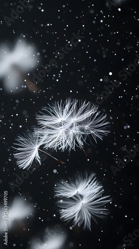 Dandelion Flower on Black Background, Abstract Image, Texture, Pattern Background, Wallpaper, Cover and Screen for Smartphone, PC, Laptop, 9:16 and 16:9 Format