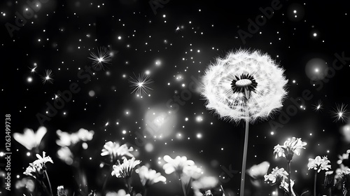 Dandelion Flower on Black Background, Abstract Image, Texture, Pattern Background, Wallpaper, Cover and Screen for Smartphone, PC, Laptop, 9:16 and 16:9 Format