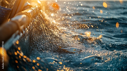 A trawl net is being pulled up from the water, heavy with fish and sparkling under the vibrant glow of the sun. The lively scene captures the excitement of a successful catch.