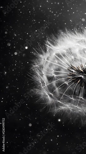 Dandelion Flower on Black Background, Abstract Image, Texture, Pattern Background, Wallpaper, Cover and Screen for Smartphone, PC, Laptop, 9:16 and 16:9 Format