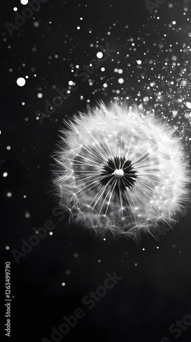 Dandelion Flower on Black Background, Abstract Image, Texture, Pattern Background, Wallpaper, Cover and Screen for Smartphone, PC, Laptop, 9:16 and 16:9 Format