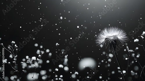 Dandelion Flower on Black Background, Abstract Image, Texture, Pattern Background, Wallpaper, Cover and Screen for Smartphone, PC, Laptop, 9:16 and 16:9 Format