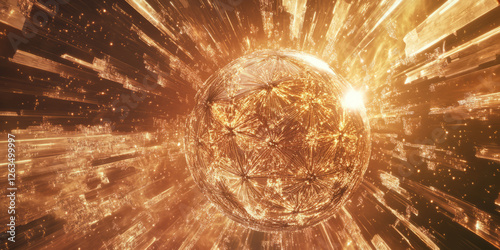 A breathtaking vision of a Dyson Sphere, its intricate metal panels reflecting the energy of a blazing supergiant star. photo