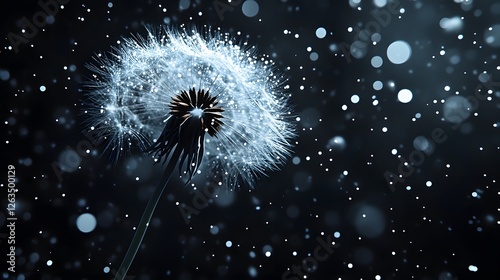 Dandelion Flower on Black Background, Abstract Image, Texture, Pattern Background, Wallpaper, Cover and Screen for Smartphone, PC, Laptop, 9:16 and 16:9 Format