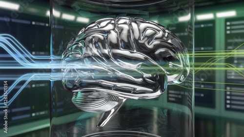 Metallic AI brain with data streams flowing in, glass encasement in control room