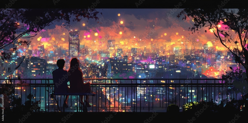 A couple gazes at a vibrant cityscape from a balcony A couple gazes at a vibrant cityscape from a balcony