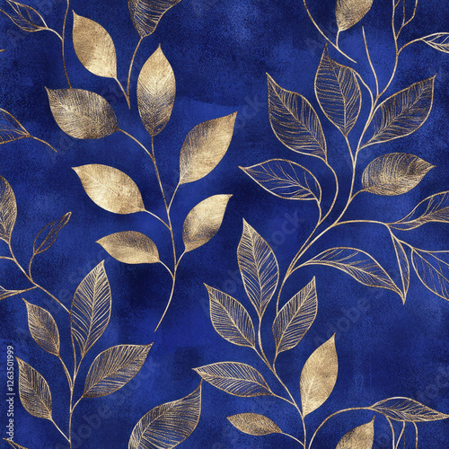 A luxurious illustration with gold-leaf accents and intricate leaf veins on a deep royal blue background. The metallic highlights add a touch of opulence and elegance to the botanical design. photo