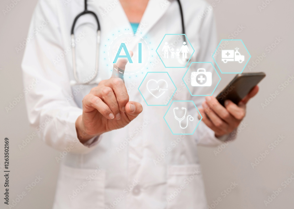 Close up of Doctor interacts with AI interface technology for healthcare innovation and medical care efficiency Close up of Doctor interacts with AI interface technology for healthcare innovation and medical care efficiency