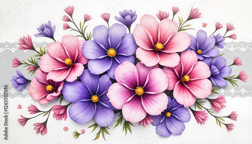 Elegant floral arrangement of violets and cosmos on lace background, artistry
