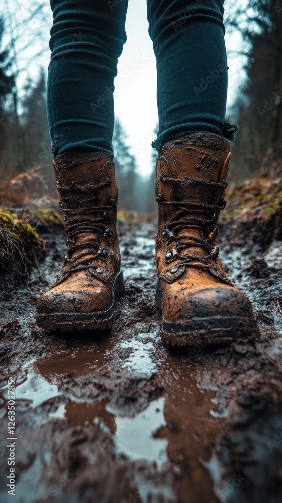 Close-up view of worn hiking boots standing in thick mud along a rugged trail, illustrating the challenges of outdoor exploration during wet weather. Close-up view of worn hiking boots standing in thick mud along a rugged trail, illustrating the challenges of outdoor exploration during wet weather.