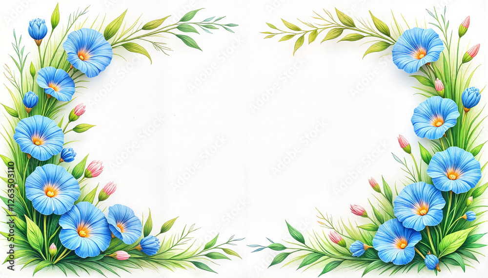 Obraz premium Elegant blue morning glories framing white space, artistic elegance