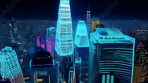 Urban skyline illuminated by neon lights creates a futuristic dreamscape
