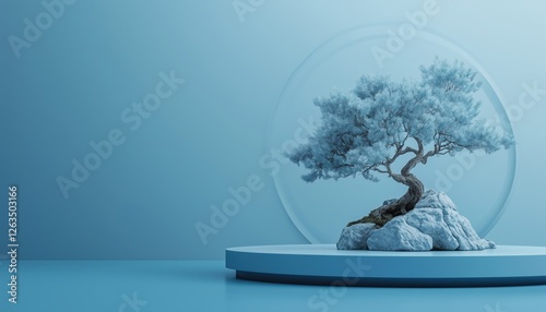 Japanese Abstract: Podium And Bonsai Tree With Blue Background For Product Presentation. High-Quality Rendering Included. photo