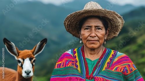 Indigenous woman with quena in colorful attire andean mountains portrait nature setting close-up cultural heritage photo