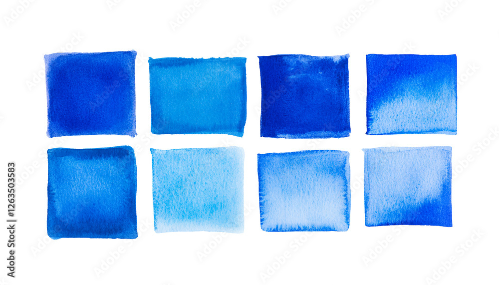 Fototapeta premium Blue watercolor square set illustration with textured brushstroke variations on transparent background, png