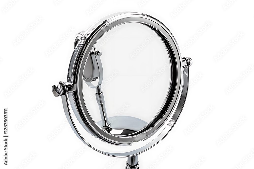A stylish round makeup mirror with chrome stand, white background. A stylish round makeup mirror with chrome stand, white background.