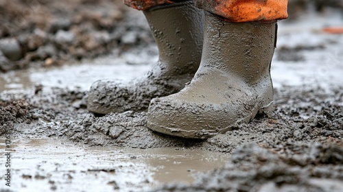 Mud-covered boots stand in wet ground, showcasing work in construction or outdoor activities. photo