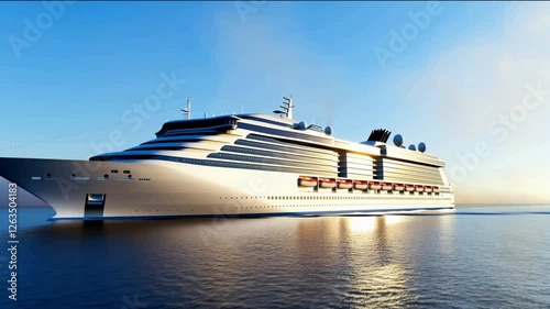 A large cruise ship is moving on a calm sea. Its hull glistens in the sun, reflecting in the water. The clear sky and a light haze on the horizon create an atmosphere of comfort, freedom and travel.