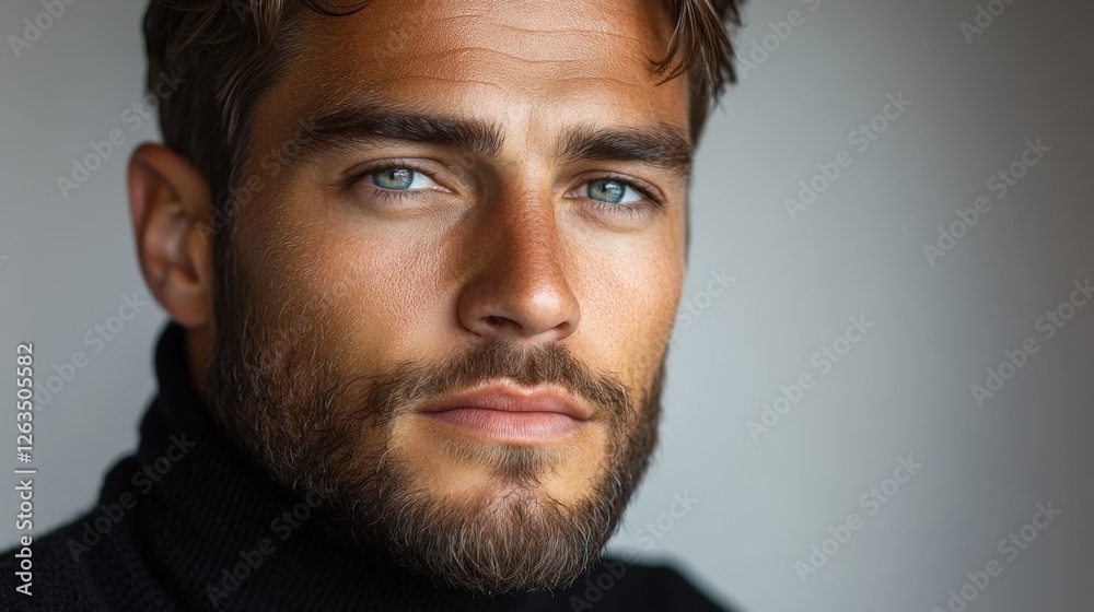 Obraz premium Young European man with sharp goatee in stylish black turtleneck on white background