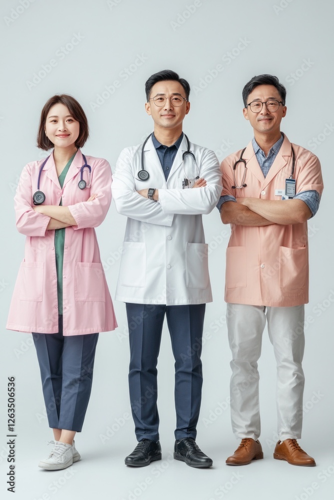 Three Asian medical professionals stand together, arms crossed, radiating confidence and expertise. Three Asian medical professionals stand together, arms crossed, radiating confidence and expertise.