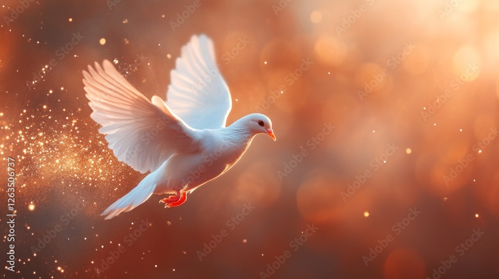 Fototapeta premium White dove in flight, bathed in warm, golden light. Peaceful, serene.