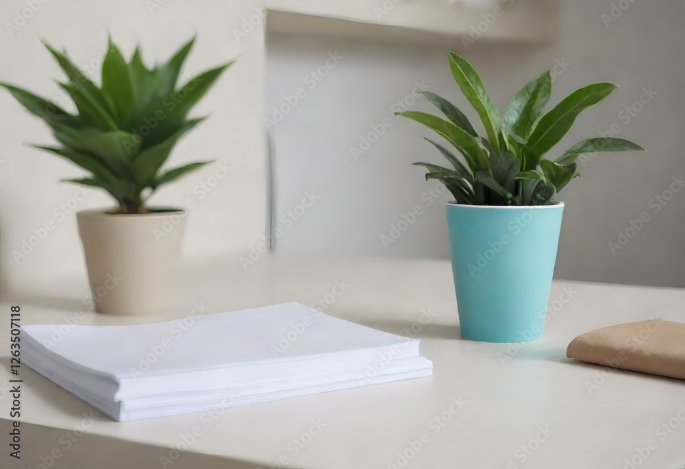 Fototapeta premium A close-up shot of an aloe vera plant in a blue cup on a wooden desk with other plants in white pots and a pen on a piece of paper, creating a clean and organized workspace