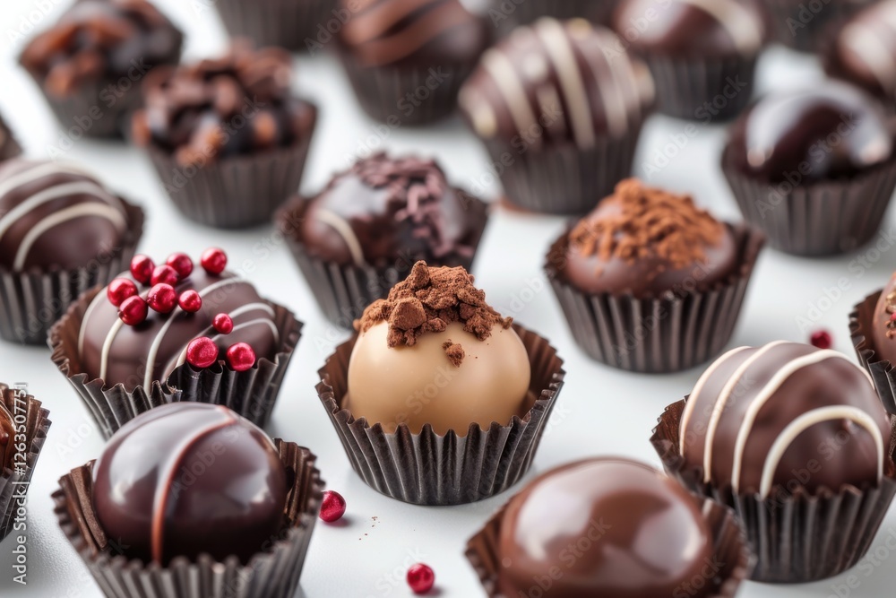 Collection of chocolate candies with decorative toppings on a white background, with full depth of field, focusing on the intricate details Collection of chocolate candies with decorative toppings on a white background, with full depth of field, focusing on the intricate details