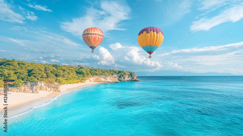 Aerial View of Two Hot Air Balloons Soaring Over a Pristine Tropical Beach and Turquoise Ocean on a Sunny Day Aerial View of Two Hot Air Balloons Soaring Over a Pristine Tropical Beach and Turquoise Ocean on a Sunny Day