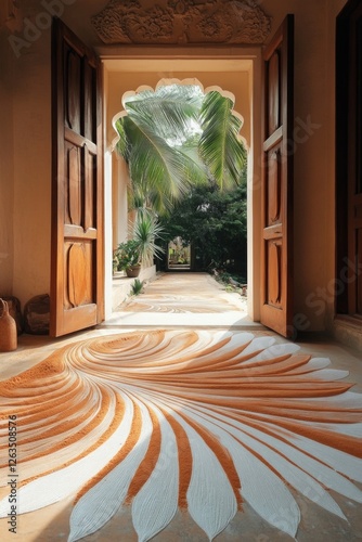 Intricate sand art design in warm, earthy tones adorns the entryway of a home, creating a welcoming and serene atmosphere. photo