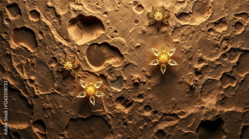 Golden Flowers on Brown Terrain: A surreal landscape where floral beauty meets rugged planetary texture. photo