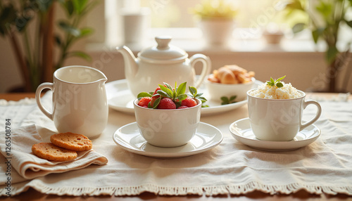 Wallpaper Mural Morning tea set with fresh strawberries, cookies, and cream in a cozy kitchen Torontodigital.ca